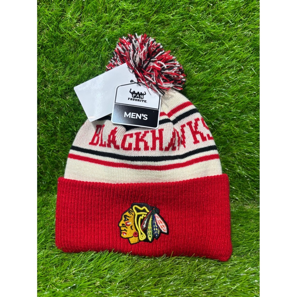 Fan Favorite Chicago Blackhawks Mens Knit Pom Beanie Hat Red White NHL OSFA NEW